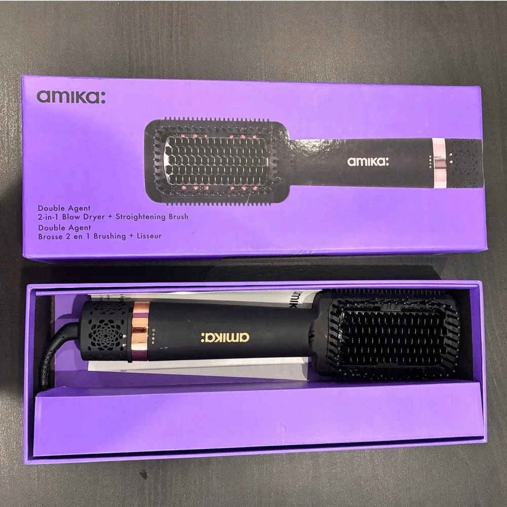 Amika Double Agent 2-in-1 Blow Dryer Straightening Brush Black Rose Gold